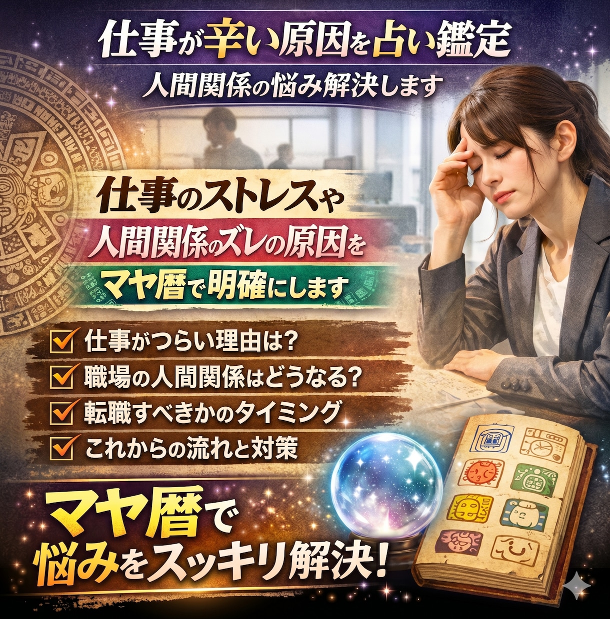仕事が辛い原因を占い鑑定｜人間関係の悩み解決します 仕事のストレスや人間関係のズレの原因をマヤ暦で明確にします イメージ1