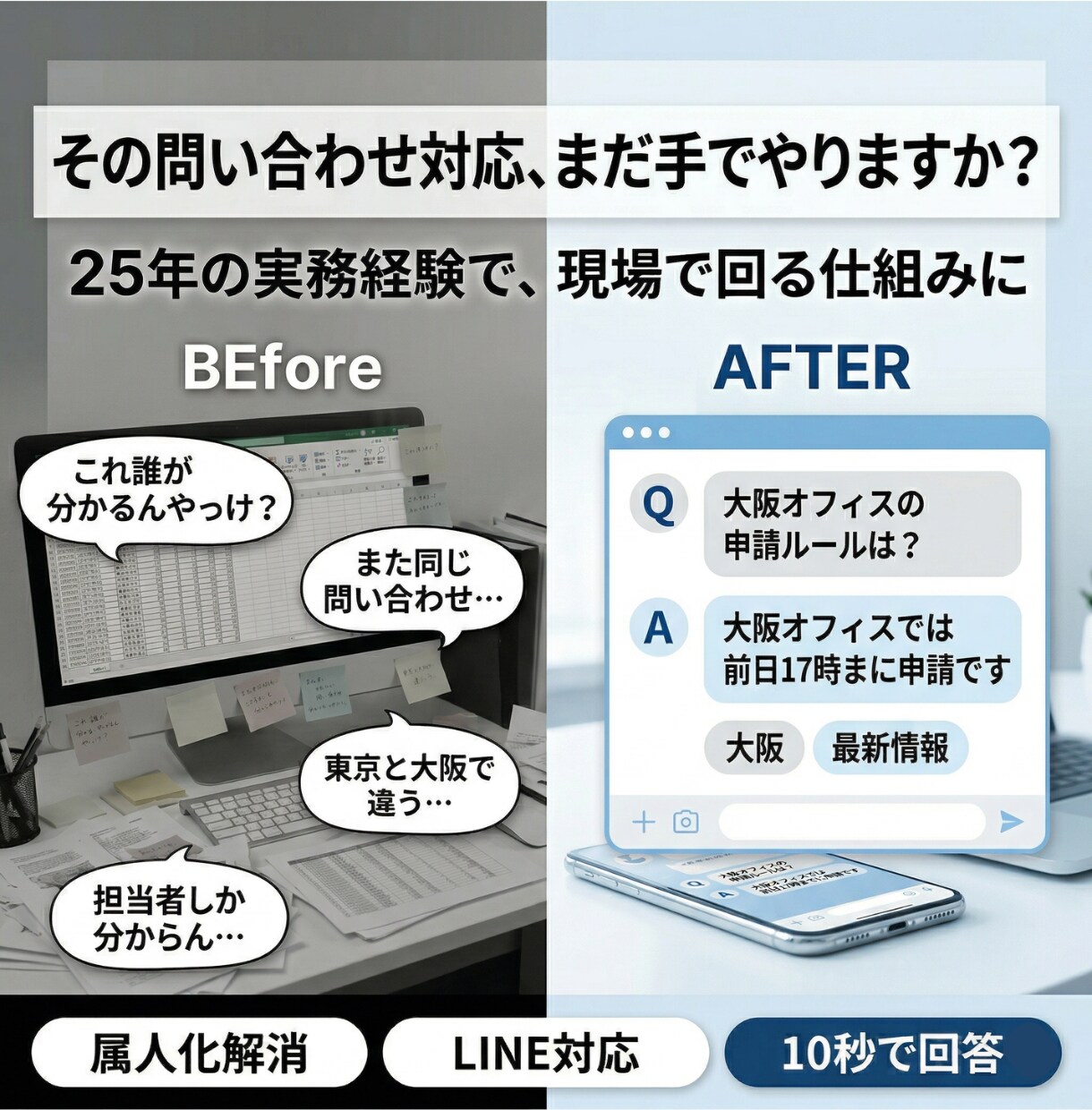 社内FAQ・問い合わせを自動化します 25年の実務経験で、現場で使われ続ける仕組みにします イメージ1