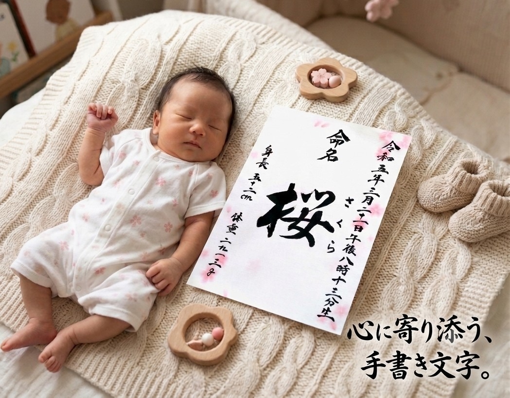 毛筆で揮毫の命名書！A4サイズ内容自由、柄選べます 一生に一度の宝物！飾るだけで空間が華やぐ温もりオーダーメイド イメージ1