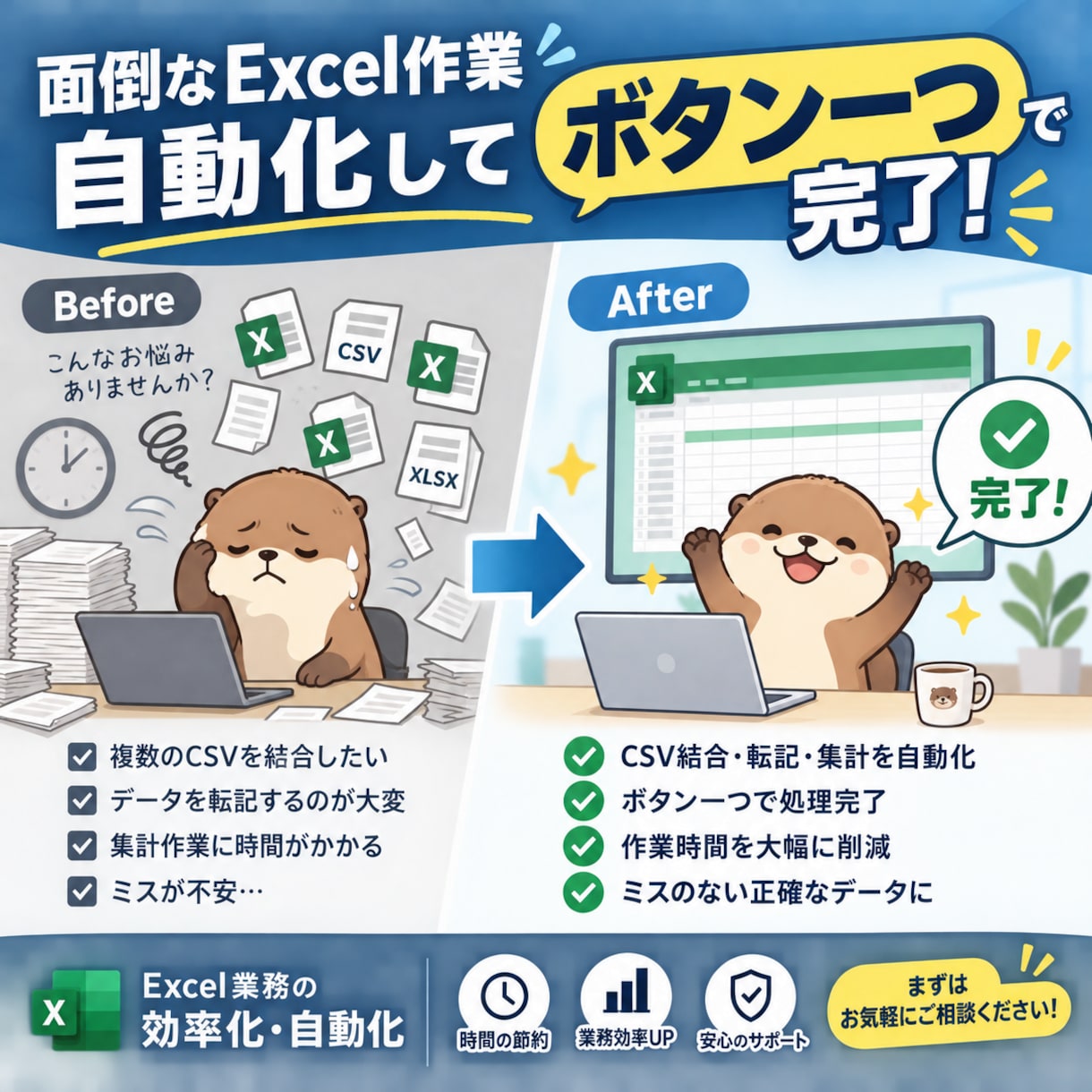 面倒なExcel作業、ボタン一つで自動化します 定型作業・集計・転記を効率化｜18年SE対応 イメージ1