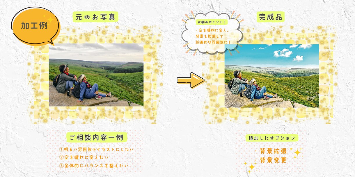 思い出のお写真をイラスト化します イラスト化したお写真にアレンジも可能！デザインも様々に…。 イメージ5