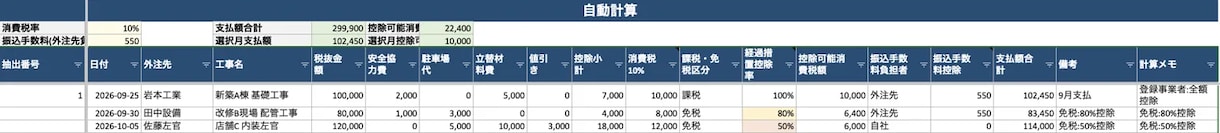 外注費のインボイス計算シートを提供します 2026年10月の控除率変更(80%→50%)に対応済み イメージ3