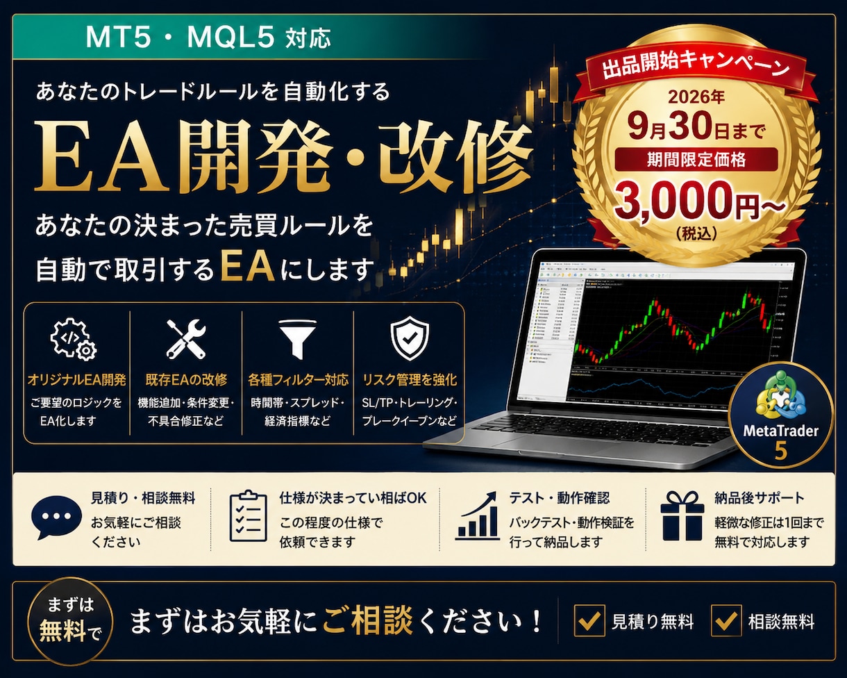 MT5・MQL5のEAを開発します EAの新規開発・改修を仕様整理から丁寧に対応 イメージ1