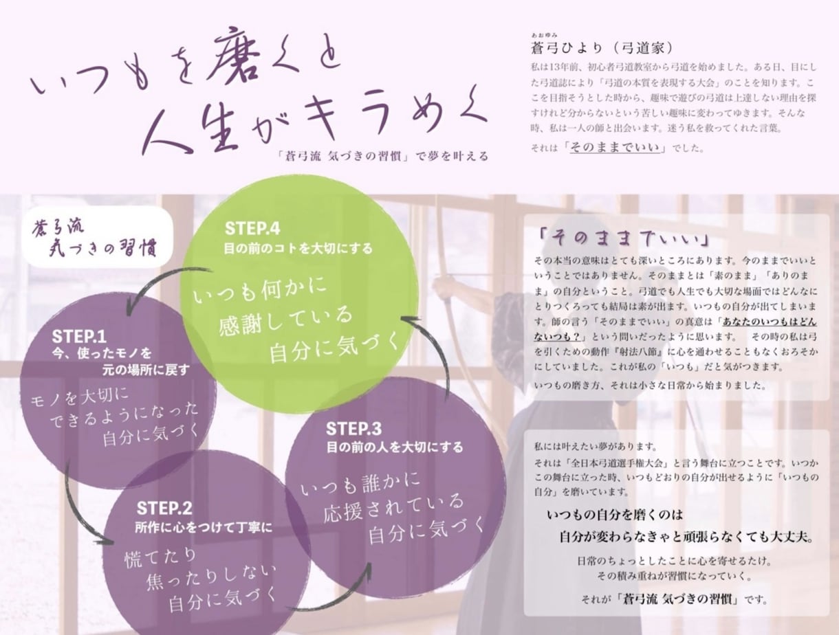 たったひとつのことからあなたの「いつも」を磨きます 弓道家が弓道の所作から得た毎日の整え方をお伝えします。 イメージ1