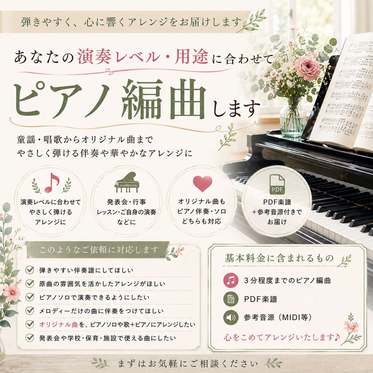 演奏レベルや用途に合わせてピアノ編曲します 演奏経験を活かし弾きやすく自然なアレンジに イメージ1