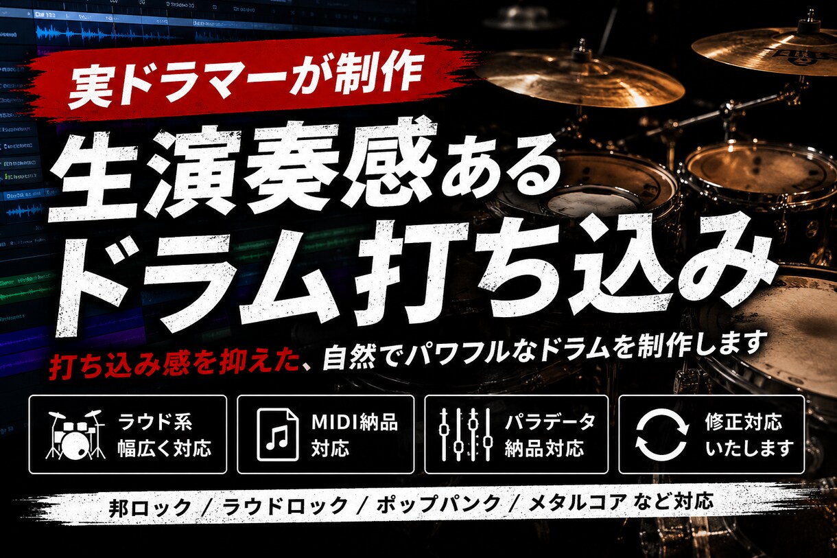 実ドラマーがカラオケ用のドラム打ち込みます 打ち込み感を抑えて制作します！激しめのジャンル歓迎！ イメージ1