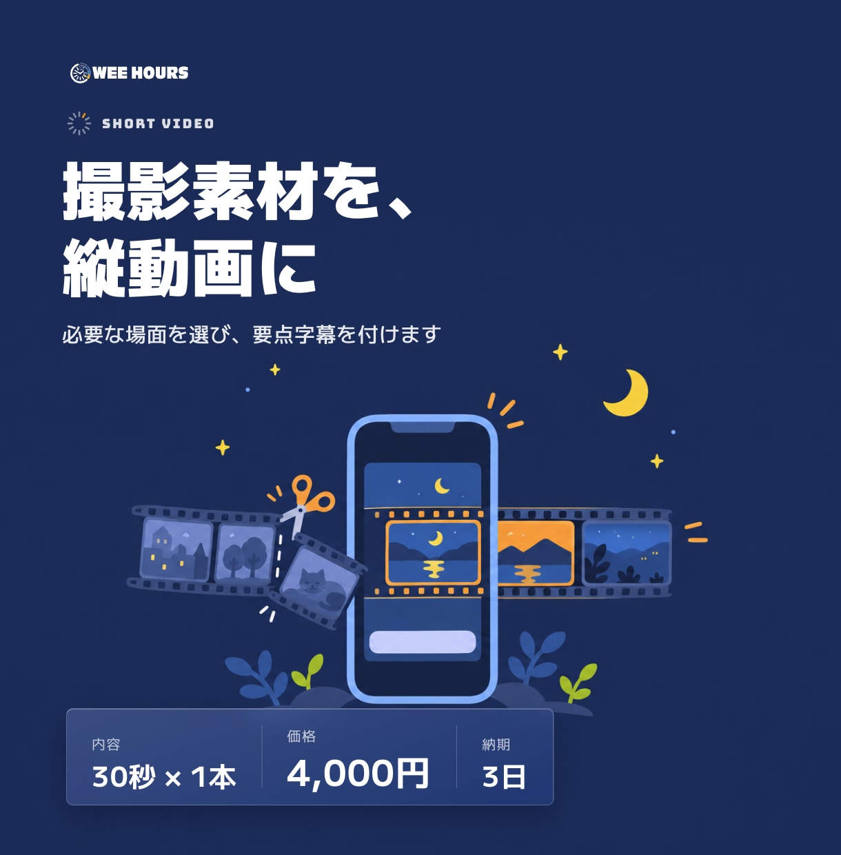 撮影素材を縦型ショート動画に編集します 撮った動画を、字幕付きの30秒投稿1本に イメージ1