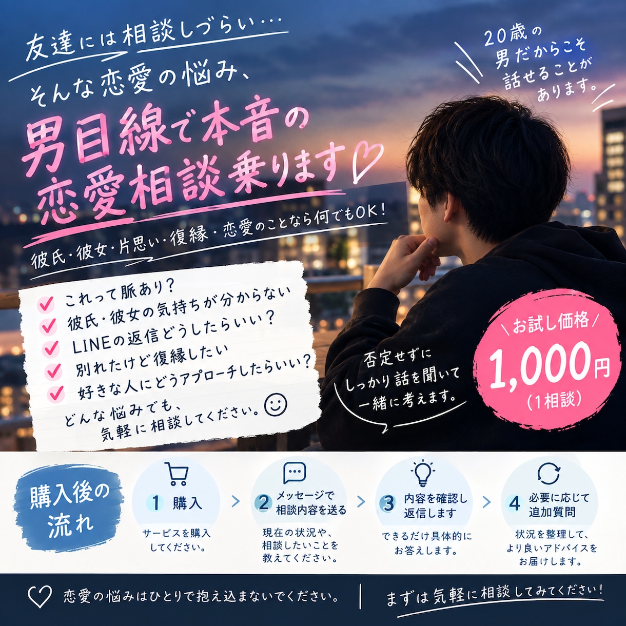 男目線で本音の恋愛相談乗ります 恋愛の悩み、気軽に話してください。男目線で一緒に考えます。 イメージ1