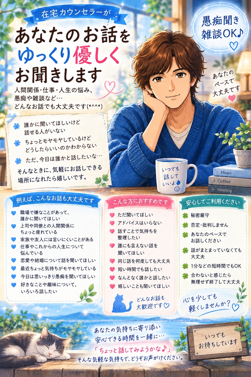 愚痴も雑談も、優しくお聞きします あなたの心のモヤモヤを、優しく受け止めます♪ イメージ3