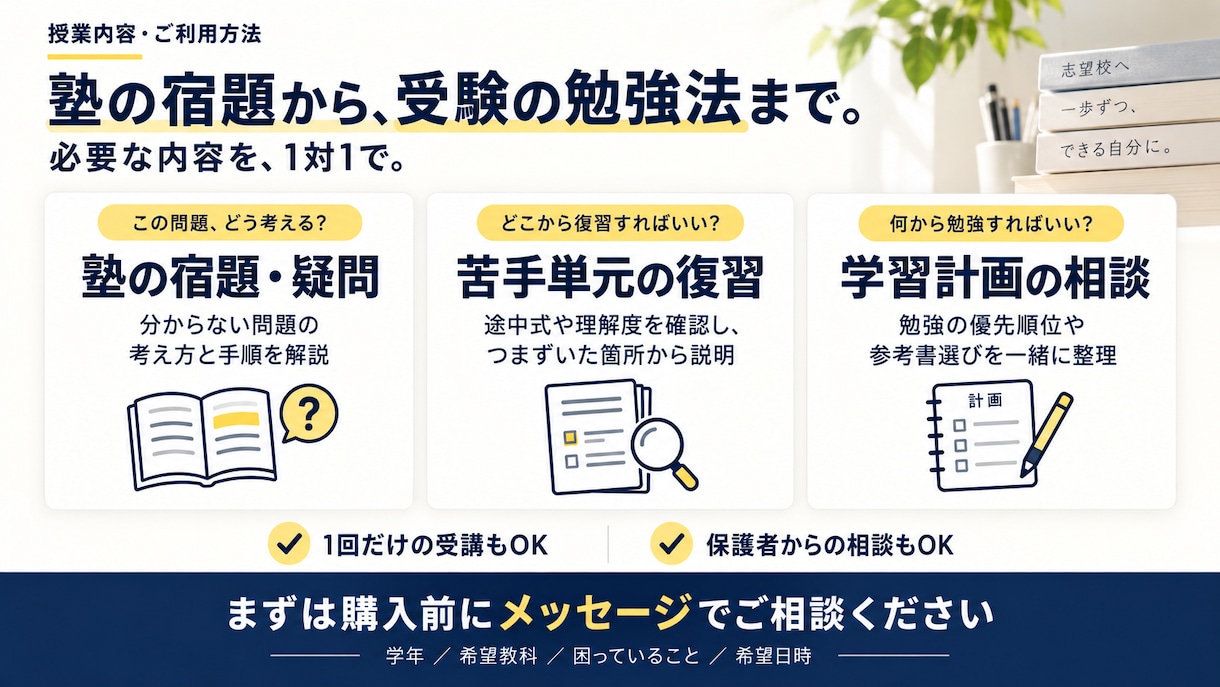 難関高校受験の解き方をマンツーマンで教えます 英数国理社対応｜塾の補習から学習計画の相談まで イメージ2