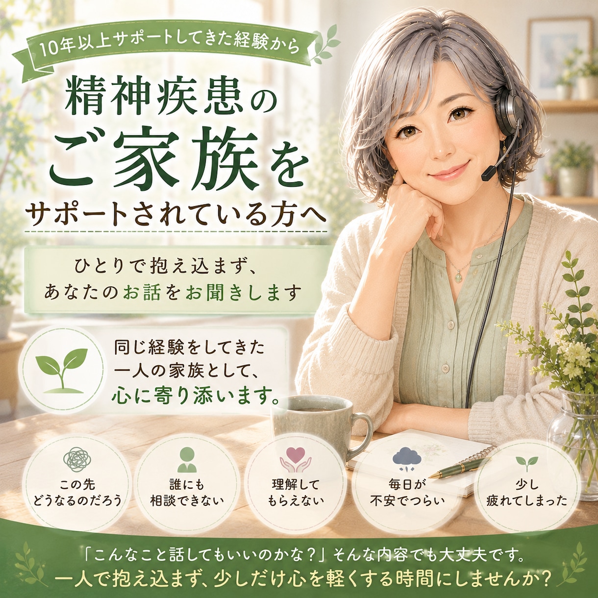 ご家族をサポートされている方のお悩みに寄り添います 大切な人が精神疾患や心の病で支えている中でほっとした時間を イメージ2