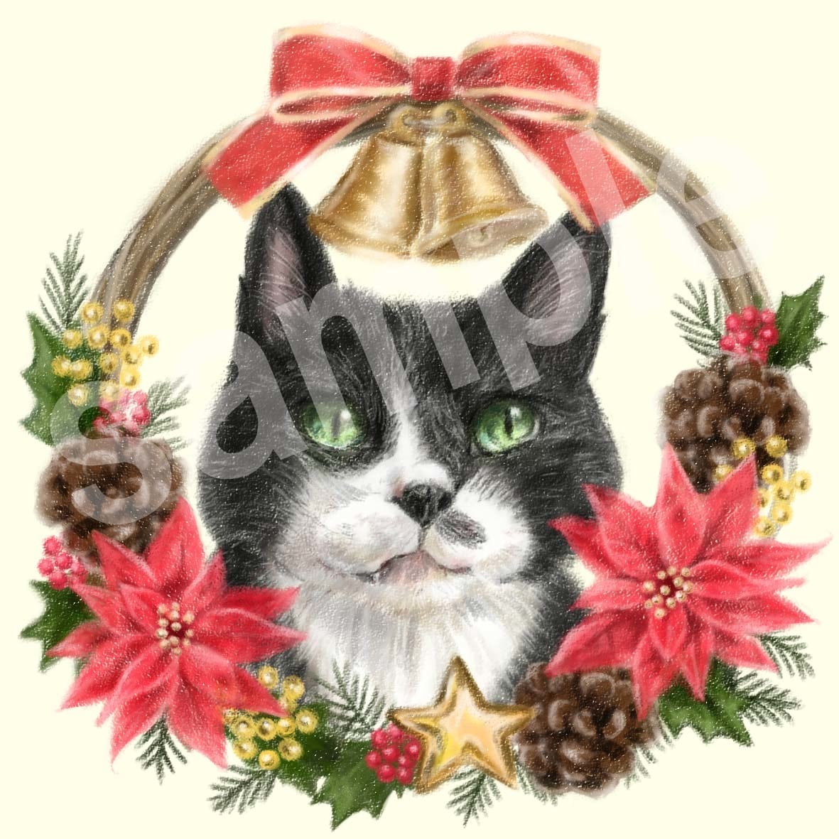 クリスマスリースで囲んだ愛猫さんのお顔を描きます アイコンにも♪オプションでポスカ作成もできます イメージ2