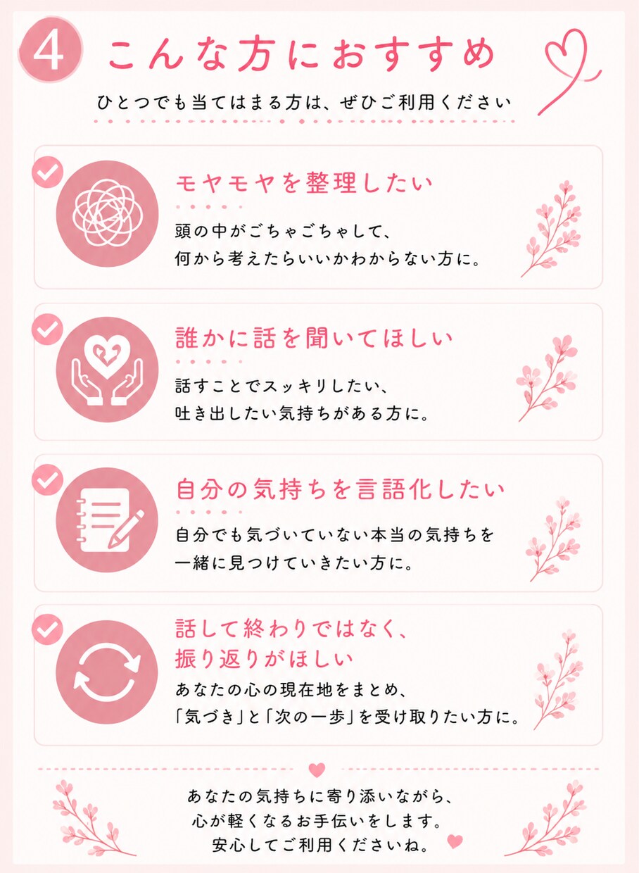 モヤモヤを整理｜心の整理メモをお渡しします 話して終わらない。一緒に心を整理して、心を見える化します。 イメージ6