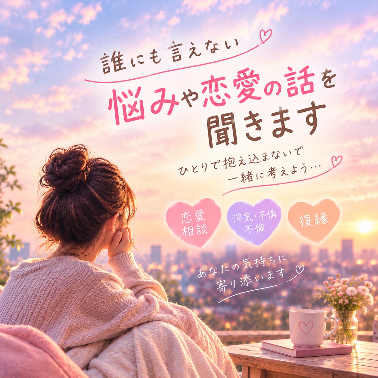 誰にも言えない悩みや恋愛の話を聞きます うまく話せなくてもいい。安心してあなたの気持ちを聞かせてね。 イメージ1