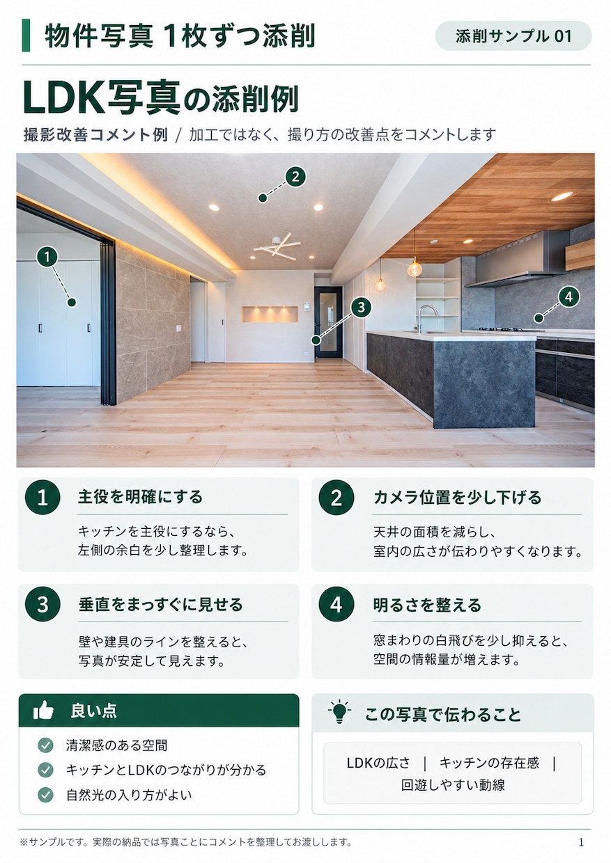 物件写真を建築・不動産撮影の視点で添削します 角度・高さ・光の入れ方まで1枚ずつコメント イメージ2