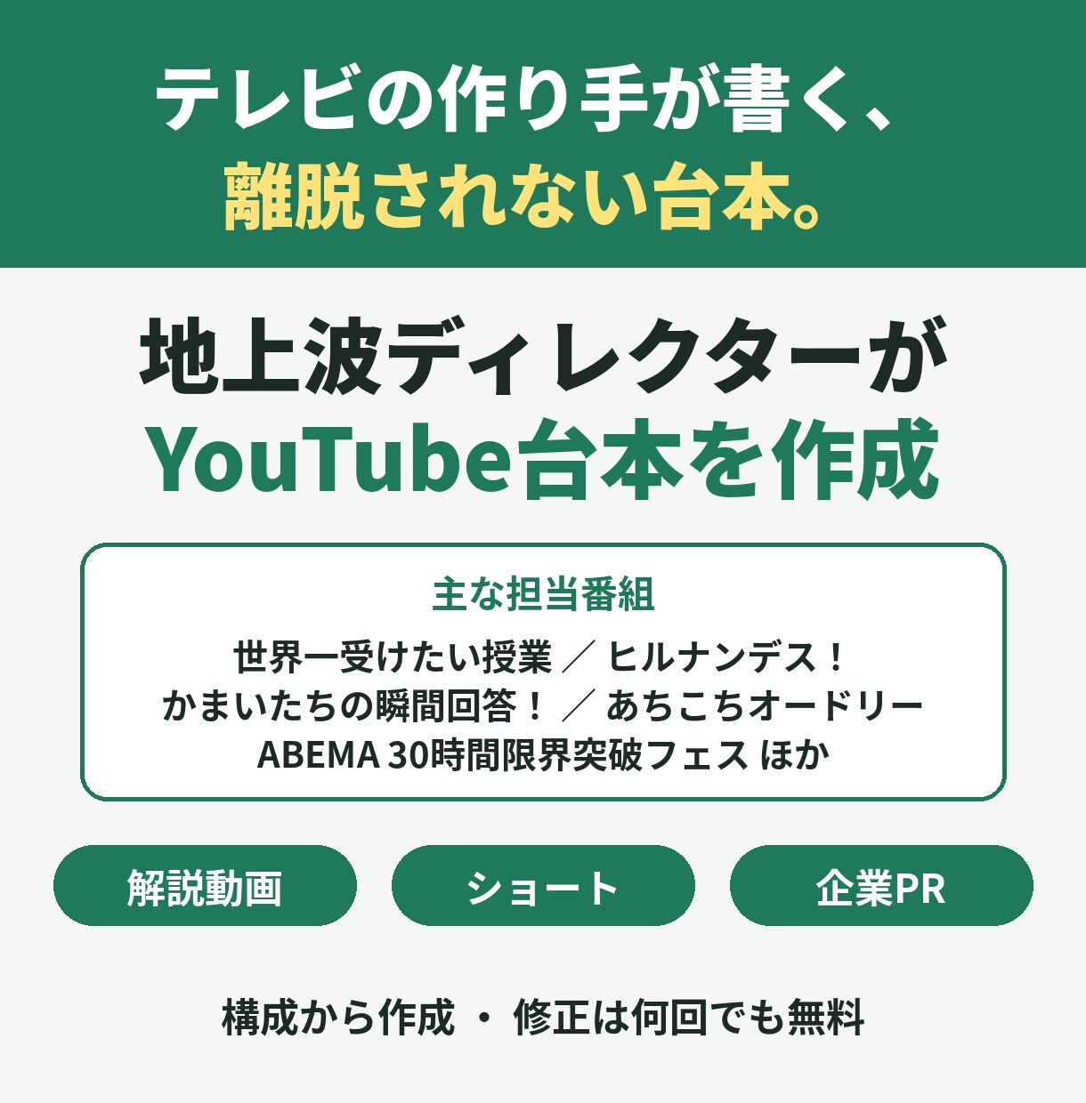 地上波ディレクターがYouTube台本を作成します 世界一受けたい授業など担当｜離脱されない構成で書きます イメージ1