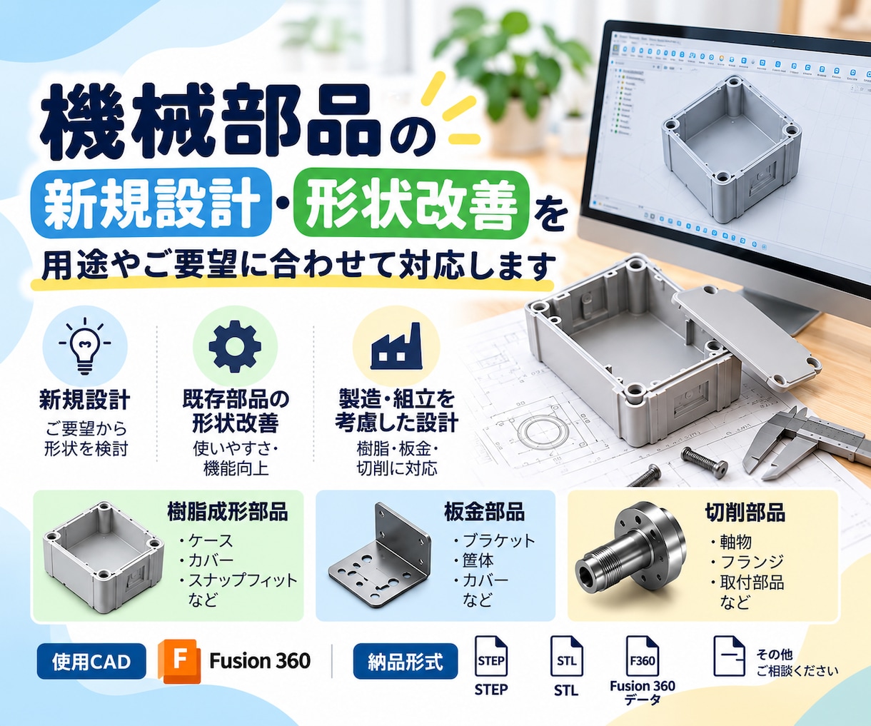 機械部品の新規設計・形状改善をお手伝いします 樹脂・板金・切削部品の設計から既存部品の改善まで対応します イメージ1