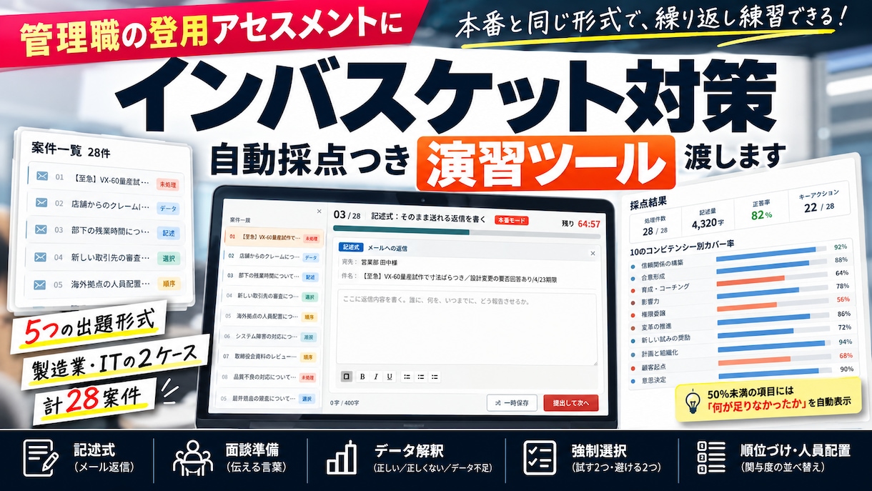 インバスケット対策｜自動採点つき演習ツール渡します 本番と同じ形式で28案件。書いた直後に10項目で自動採点 イメージ1