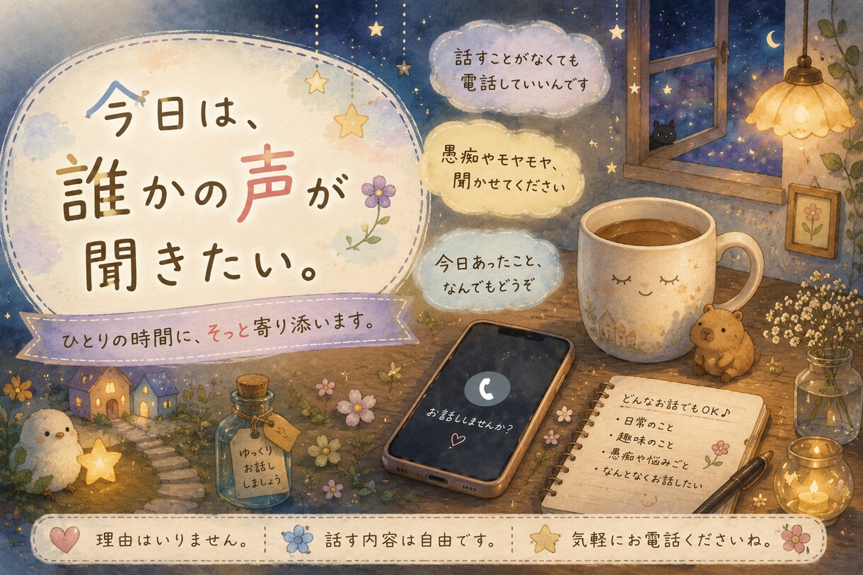 何でも気軽にお話しを聞き、お話し相手になります 理由はいりません。あなたのそばに寄り添いたいです。 イメージ3