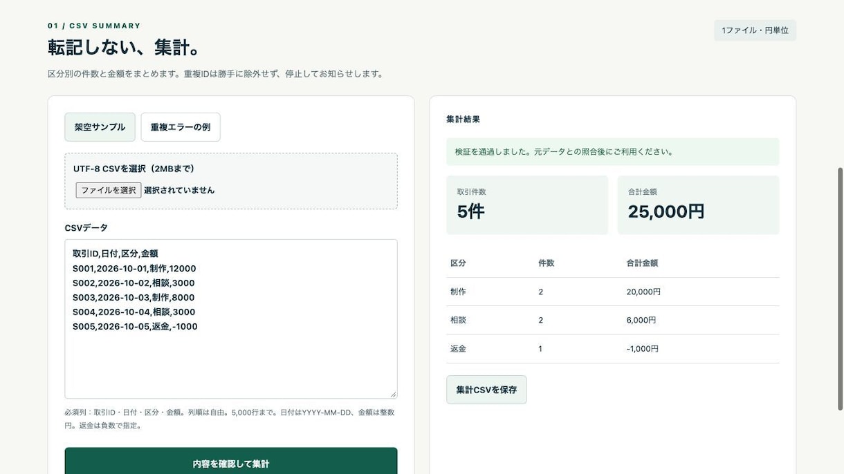 CSV集計の小さなブラウザツールを制作します 1業務に絞った集計ツールと操作説明 イメージ2
