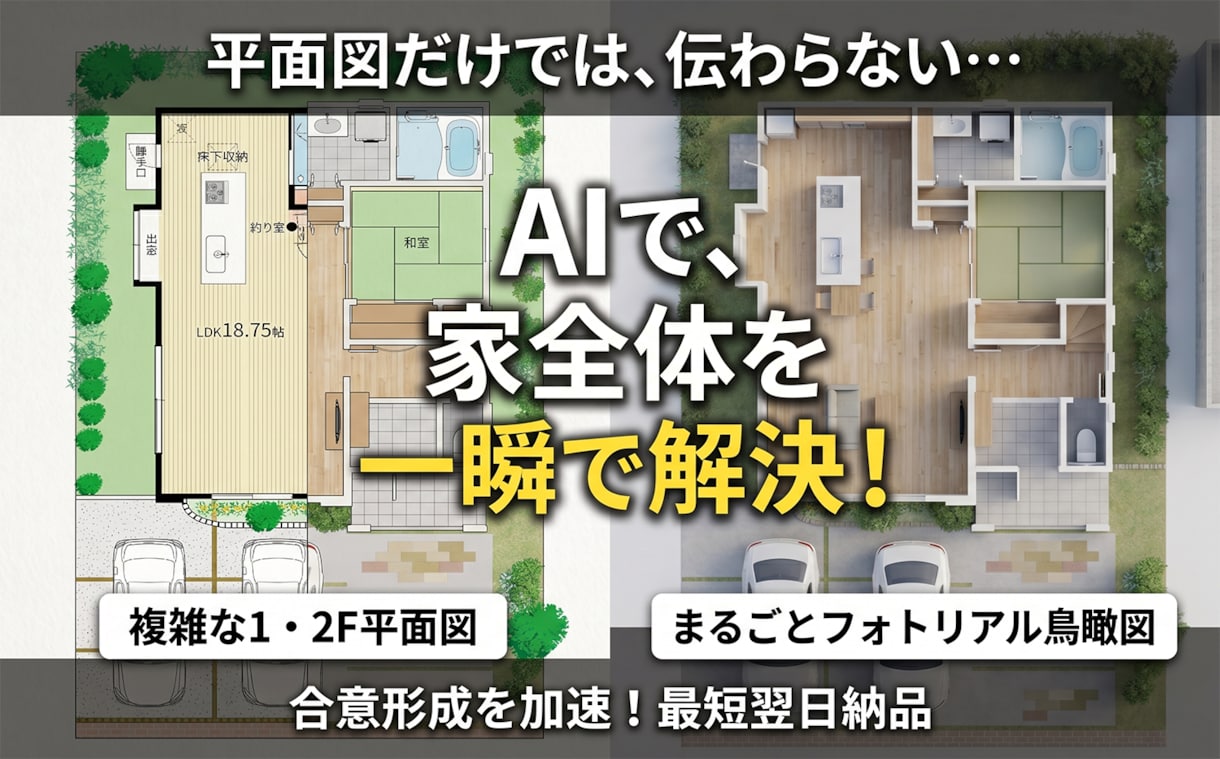 平面図を即立体化！調爆速でAI鳥瞰パース作成します AI鳥瞰パースでお客様の「イメージが湧かない…」を解決！ イメージ1