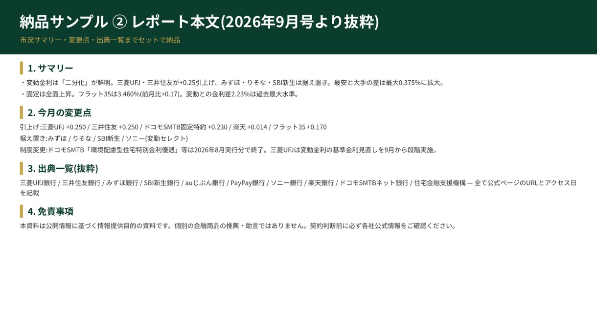 住宅ローン比較表・月次レポート作成します 全数値に一次ソースURLと確認日を明記！ イメージ3