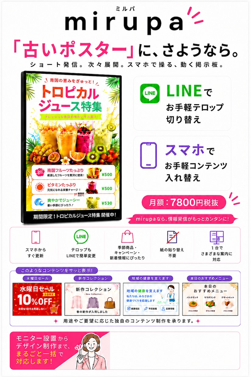 販促と案内をまとめてモニター化いたします モニター設置からデザイン制作まで広く対応いたします！ イメージ1