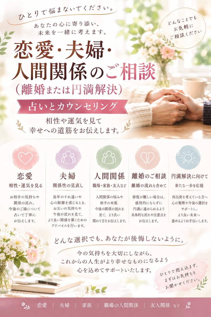 恋愛　夫婦　人間関係を良くする鑑定をします 宿曜占星術、算命学を使って鑑定します イメージ1