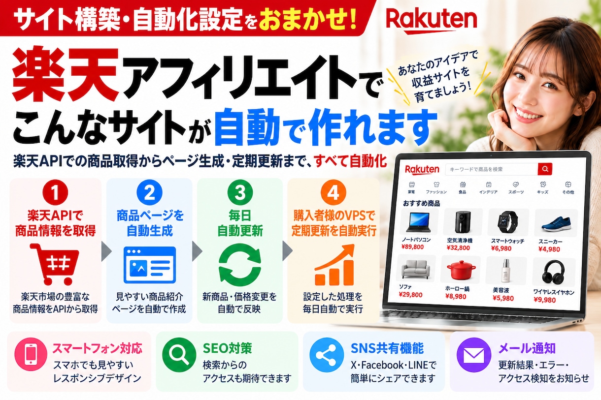楽天アフィリエイト対応の自動化システムを構築します 楽天APIで商品取得・ページ生成・定期更新を自動化 イメージ2