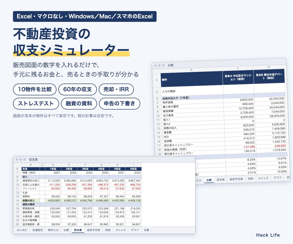 不動産投資の収支シミュレーターExcelを送ります 10物件の比較・60年の収支・売却・融資資料・申告まで イメージ1