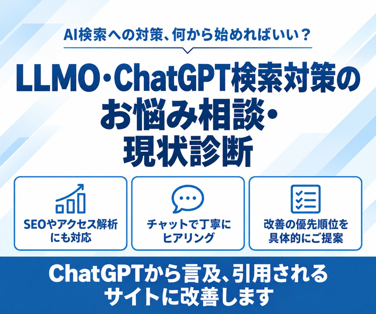 LLMO・ChatGPT対策の悩みを診断します ChatGPTから言及が増えるように改善策をご提案します イメージ1