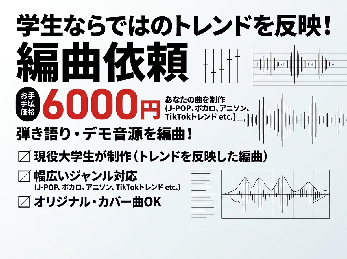 弾き語り・デモ音源を丹精込めて編曲します 学生ならではの視点でトレンドを反映したアレンジを行います イメージ1