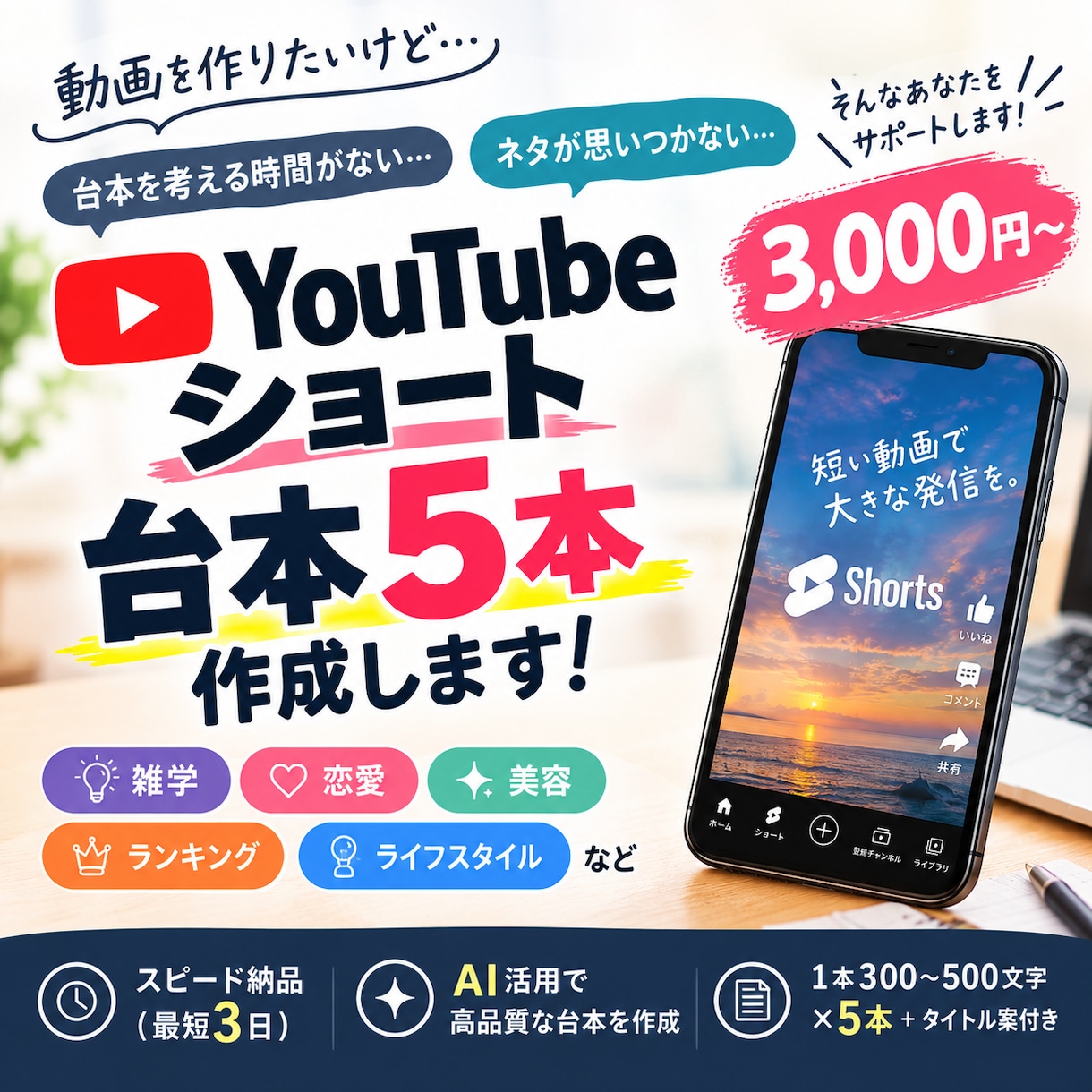 YouTubeショートの台本を5本作成します AI活用で読みやすい台本を丁寧に作成します。 イメージ1