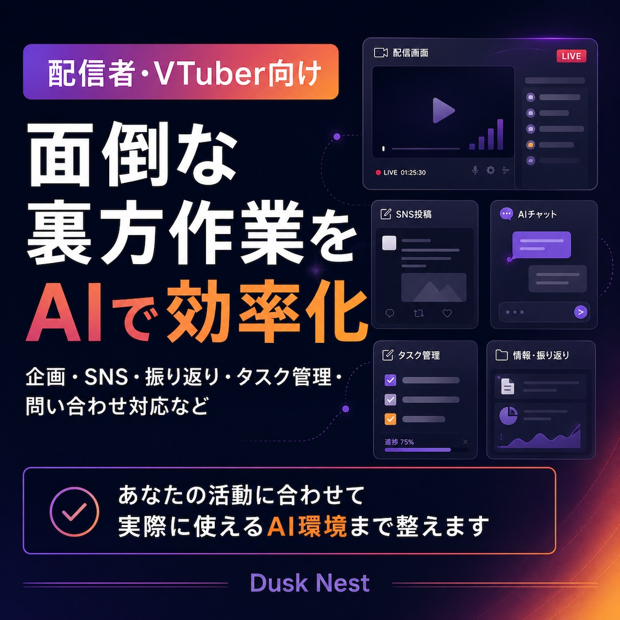 配信者・VTuber向けAI活用環境を構築します 面倒な裏方作業を整理し、AIで効率化します イメージ1