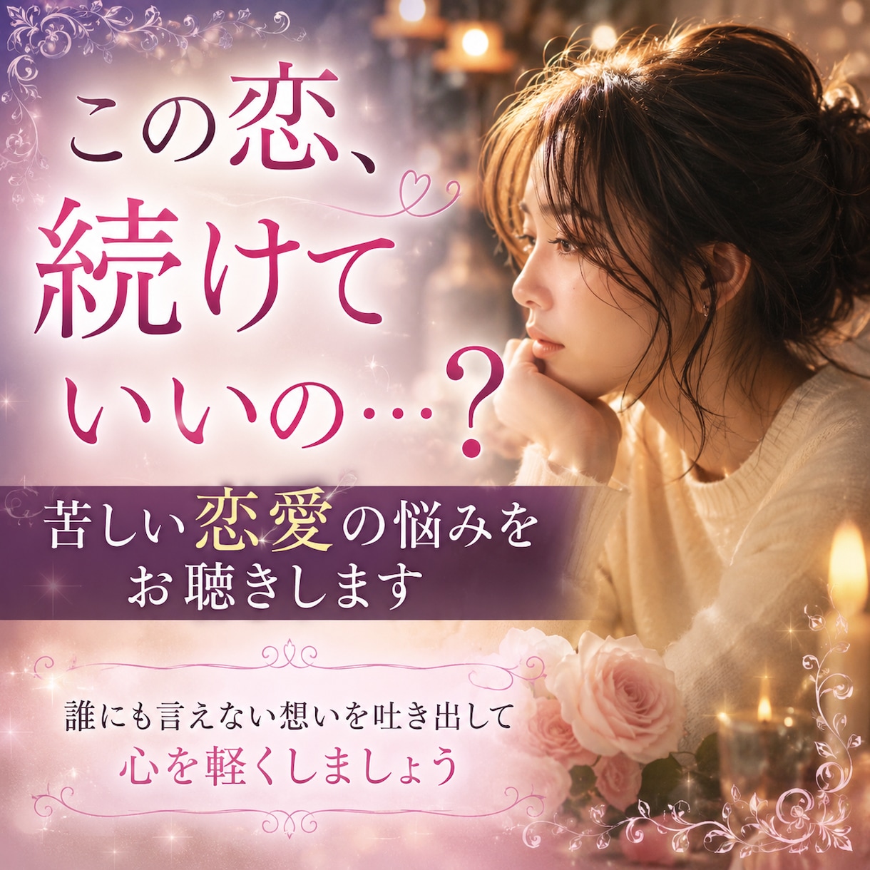 この恋を続けていい？苦しい恋愛の悩みをお聴きします 誰にも言えない想いを吐き出して 心を軽くしていきましょう イメージ3