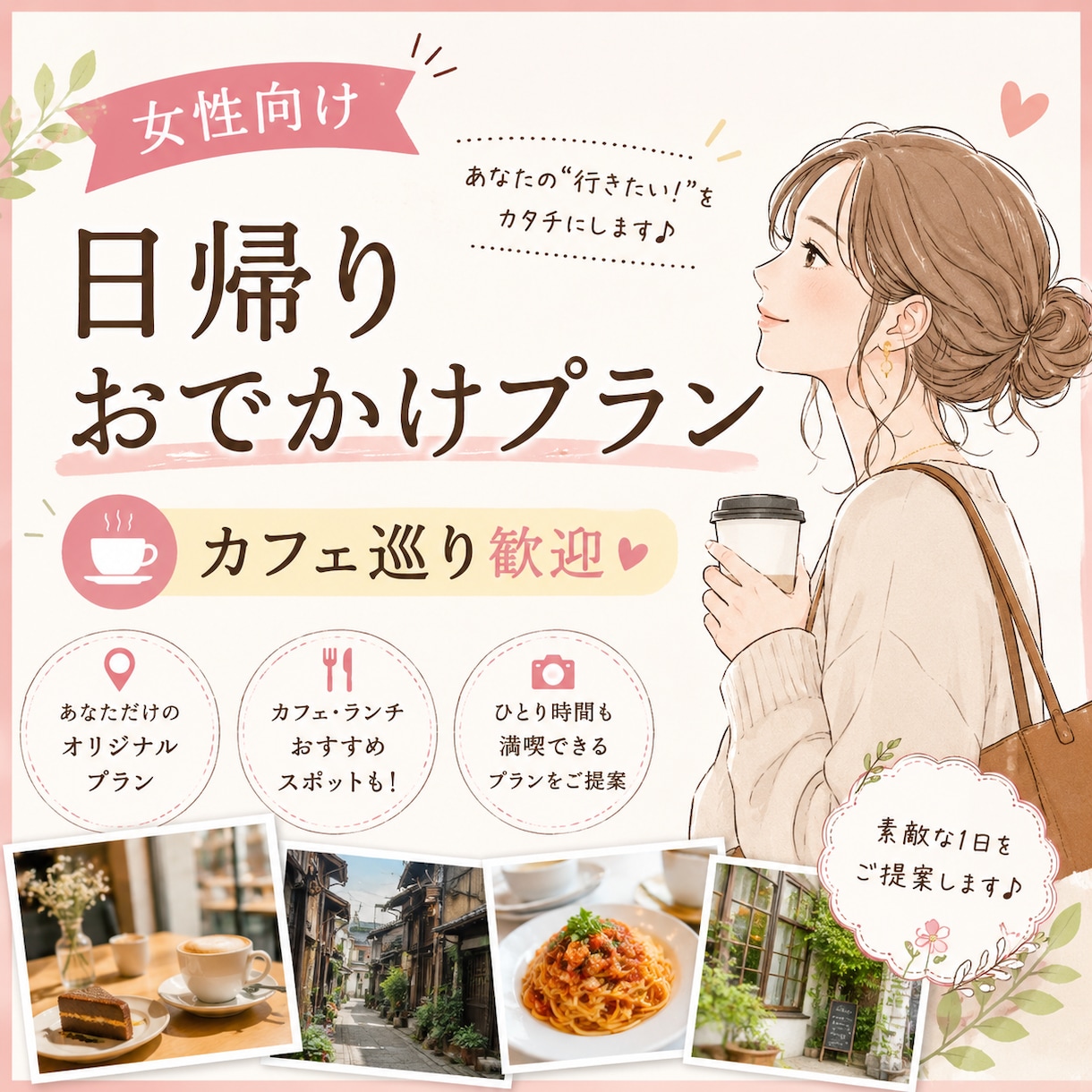 女性向け日帰りおでかけプランを作成します カフェ巡りやひとり時間を楽しみたい方へ イメージ1