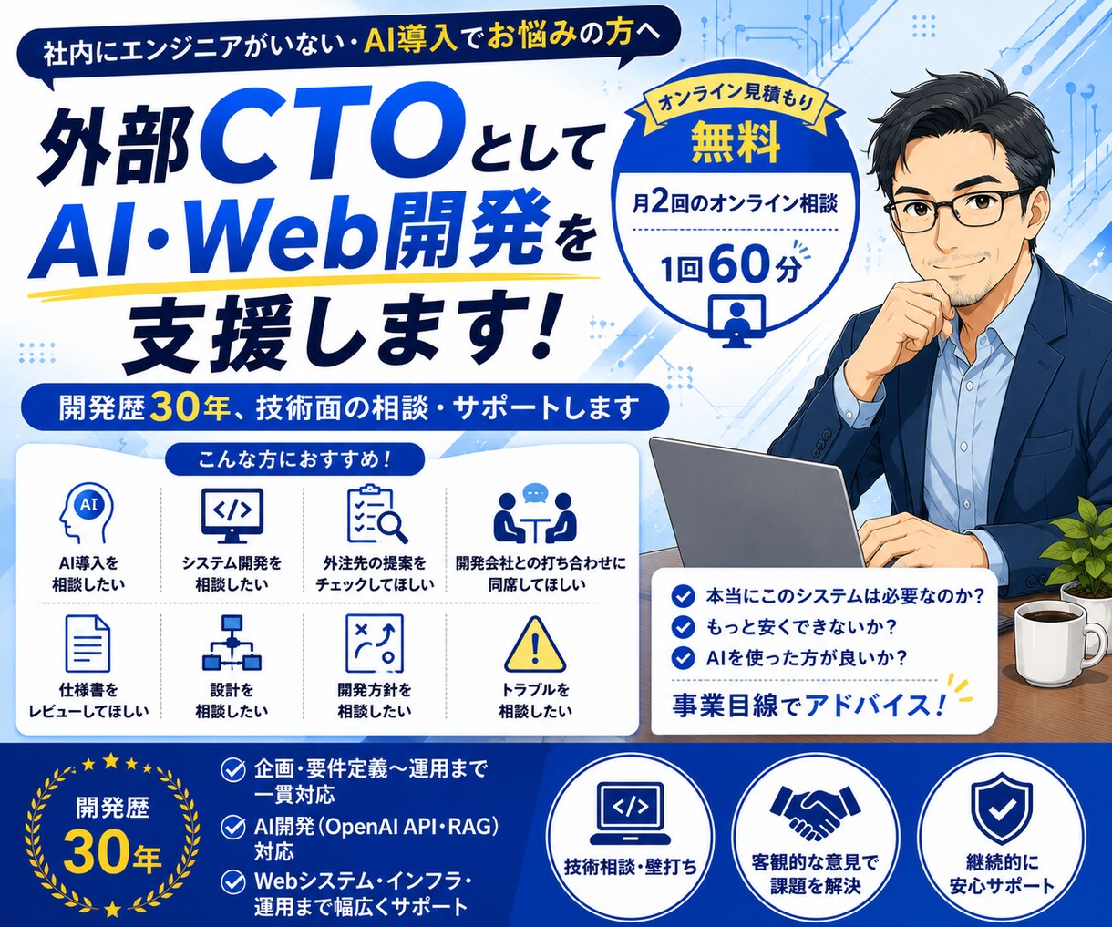 外部CTOとしてAI・Web開発を支援します 開発歴30年、技術面の相談・サポートします イメージ1
