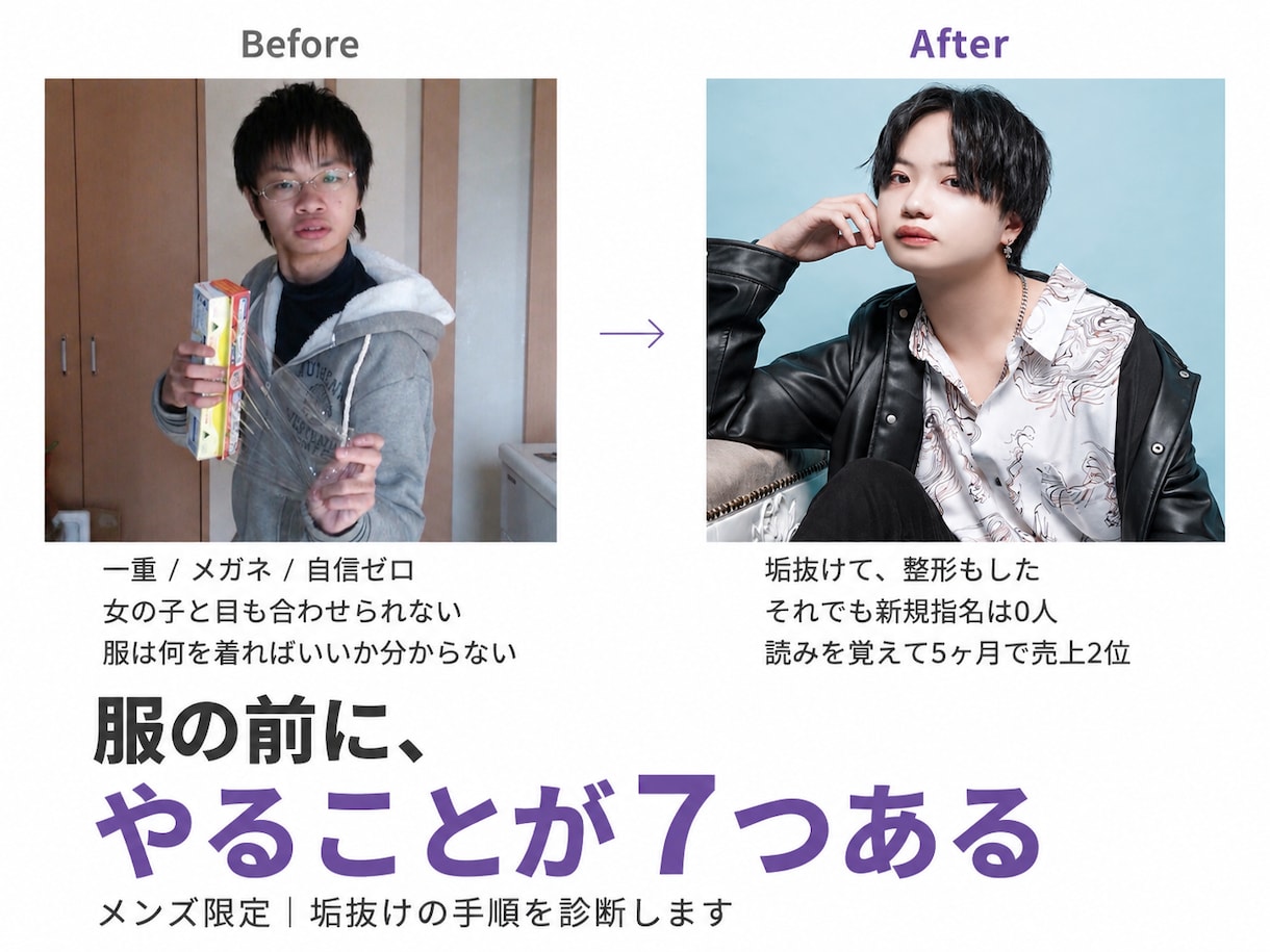 メンズ限定 垢抜けの手順を診断します 服の前にやることが7つ。順番が違うと何着ても浮きます イメージ1
