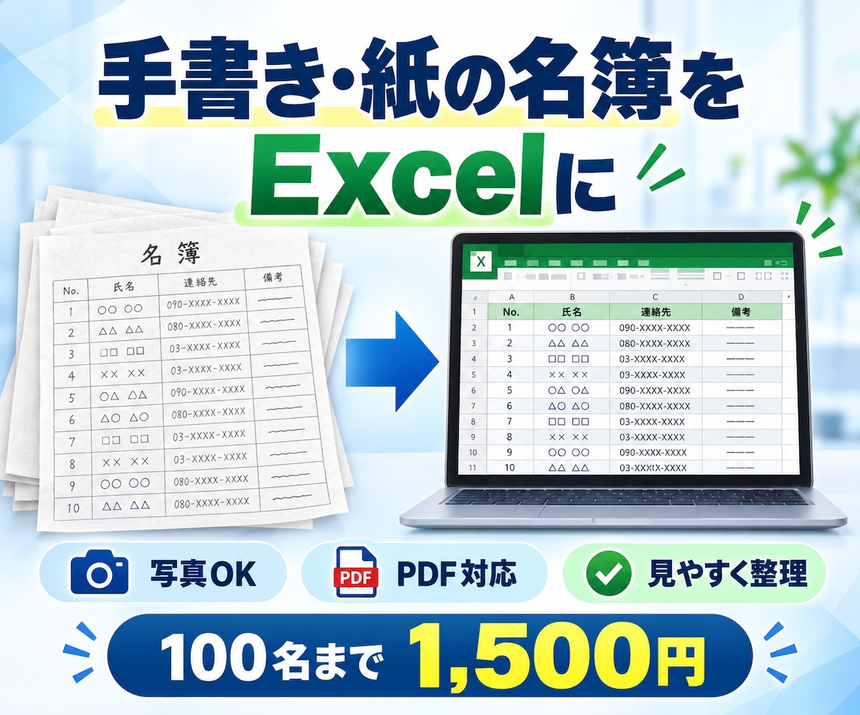 紙の名簿、Excelへの入力を代行します 紙・写真を送るだけ｜面倒な入力作業を代行 イメージ1