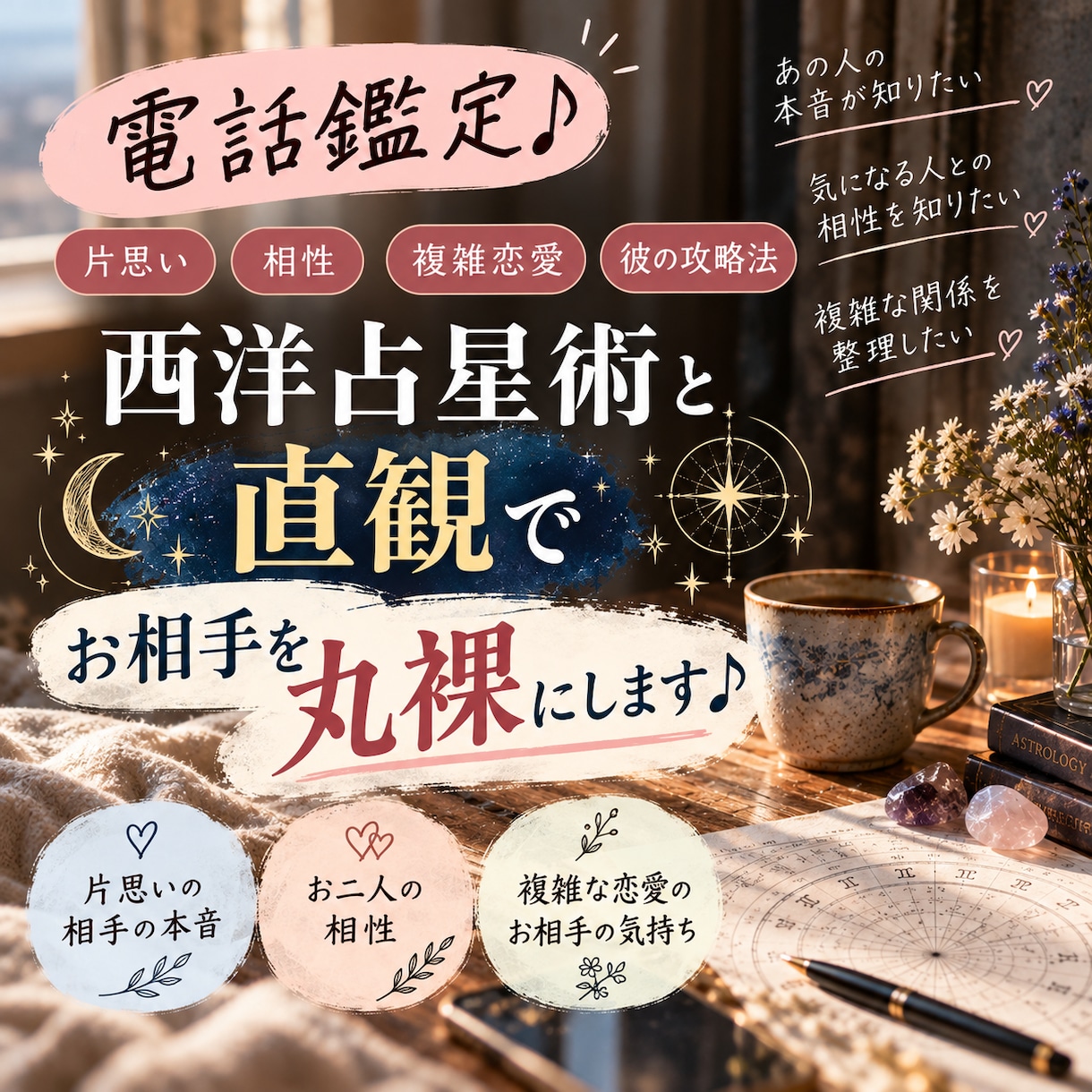 電話鑑定♪片思い、相性、複雑恋愛、彼の攻略法みます 西洋占星術と直観でお相手を丸裸にします♪ イメージ1