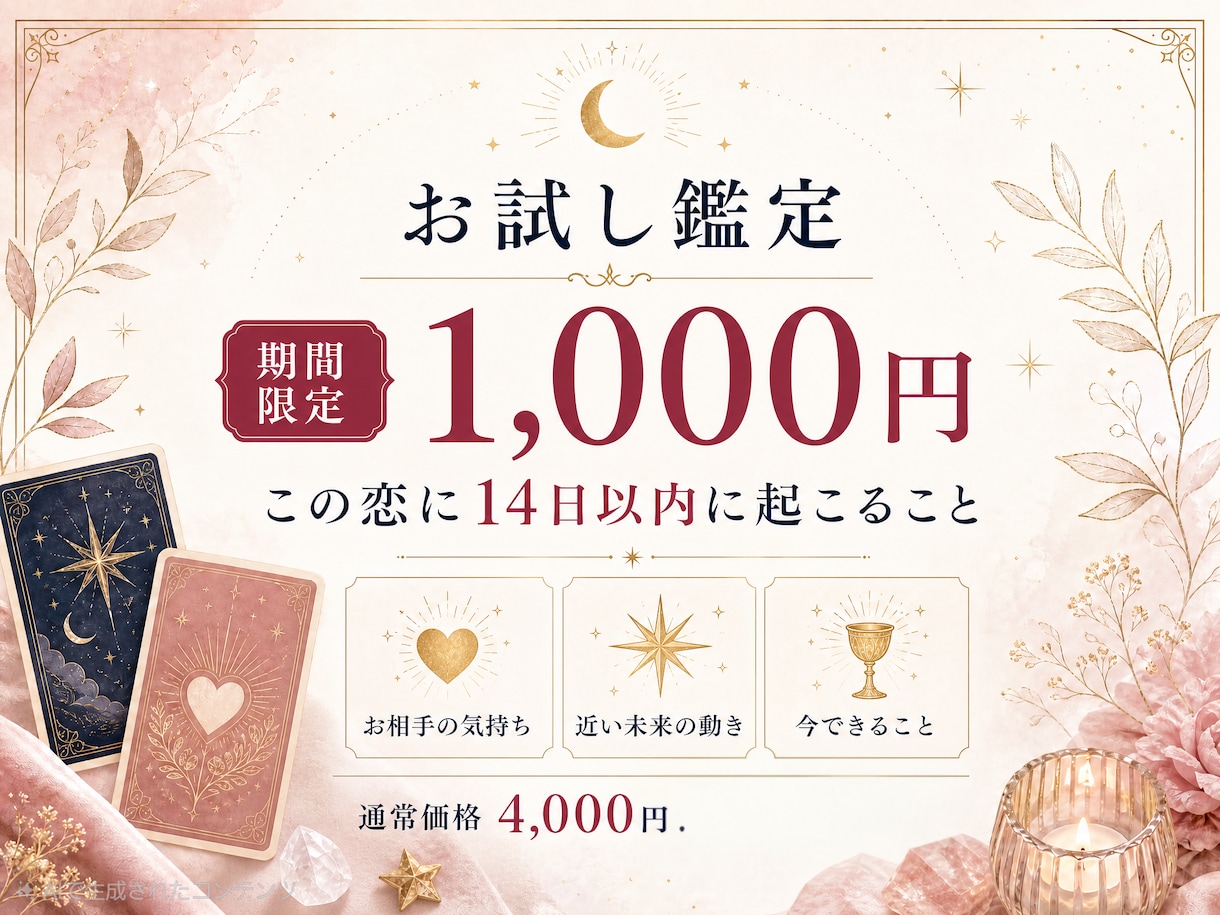 14日以内に、この恋に起こることを占います 16年、3000件の実績で恋の14日を丁寧に読み解きます イメージ1