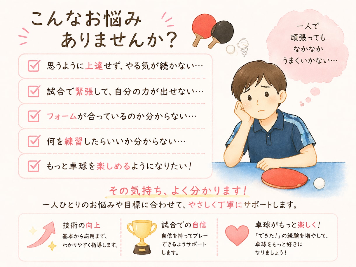 卓球の上達をやさしくサポートします 初心者〜中級者（保護者もOK）のお悩みに合わせてアドバイス イメージ2