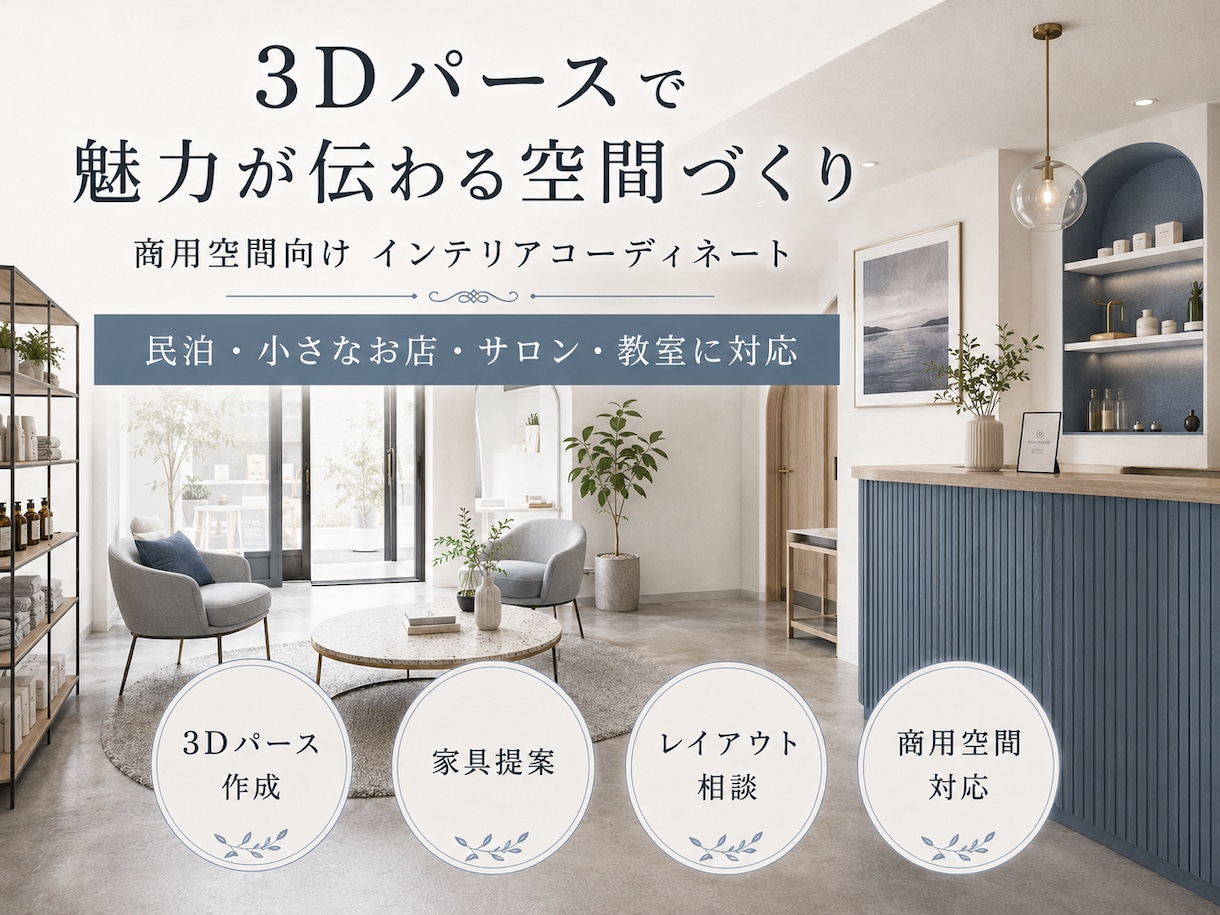 民泊・店舗・サロンのインテリアを3D提案します 家具選び・レイアウトまで歴13年のプロがまとめて対応 イメージ1