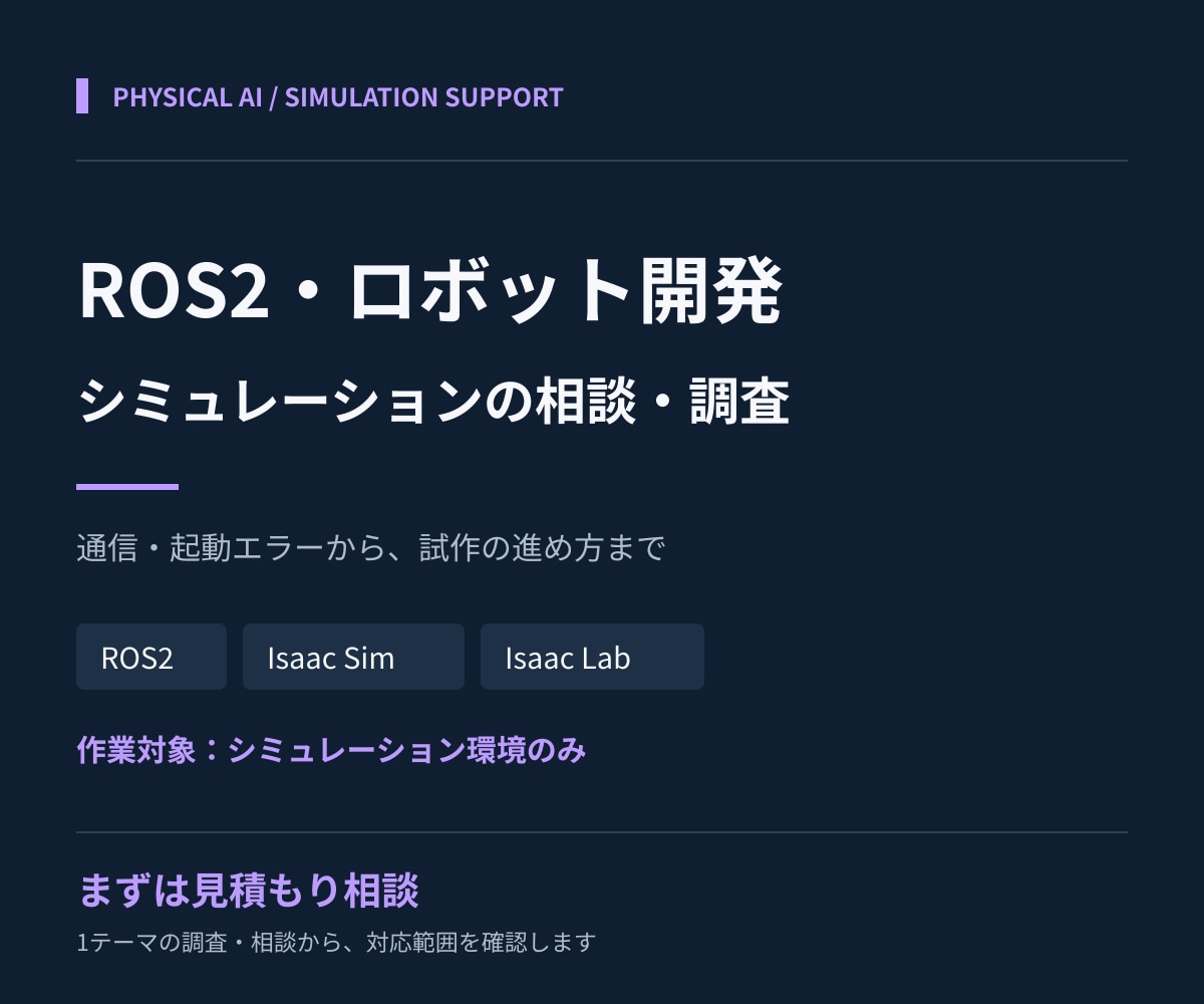 ROS2・ロボットシミュレーションを支援します フィジカルAIの試作・学習で詰まった箇所を一緒に整理 イメージ1