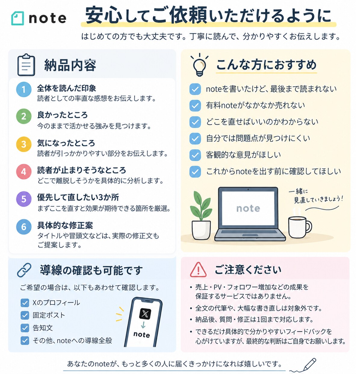 noteを読者目線で添削・分析します 読まれない・売れない原因を見つけ改善案を提案します イメージ3