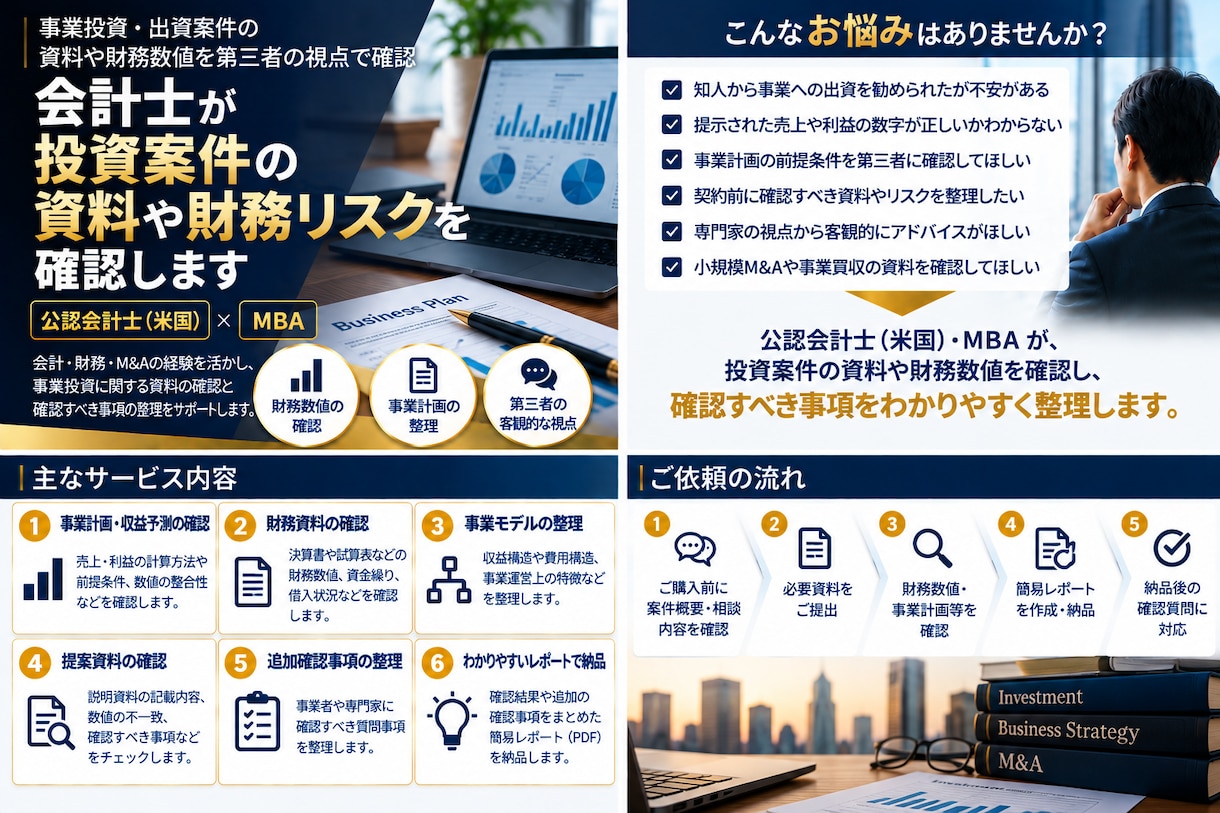 会計士が投資案件の資料や財務リスクを確認します 会計のプロが数字の整合性や確認事項を整理 イメージ1