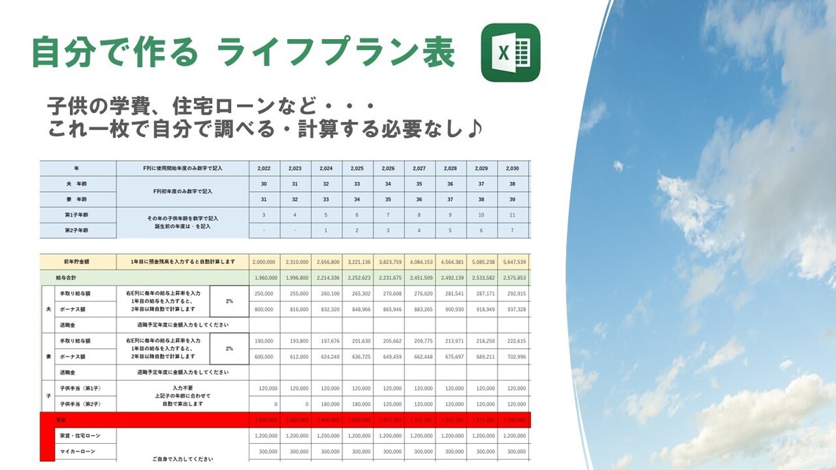 最安＆簡単入力のエクセルライフプラン表を提供します 面倒なローンや学費試算も自動算出♪誰でも家庭のお金を見える化 イメージ1