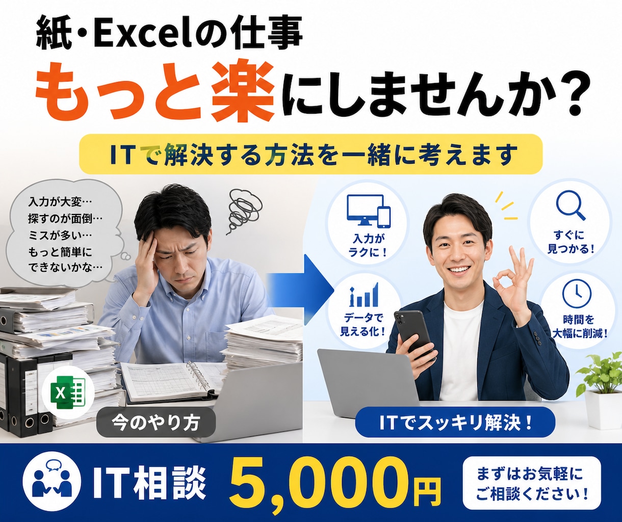 紙・Excel業務のIT化を一緒に考えます 高額なシステムを作る前に、5,000円で一緒に整理しませんか イメージ1