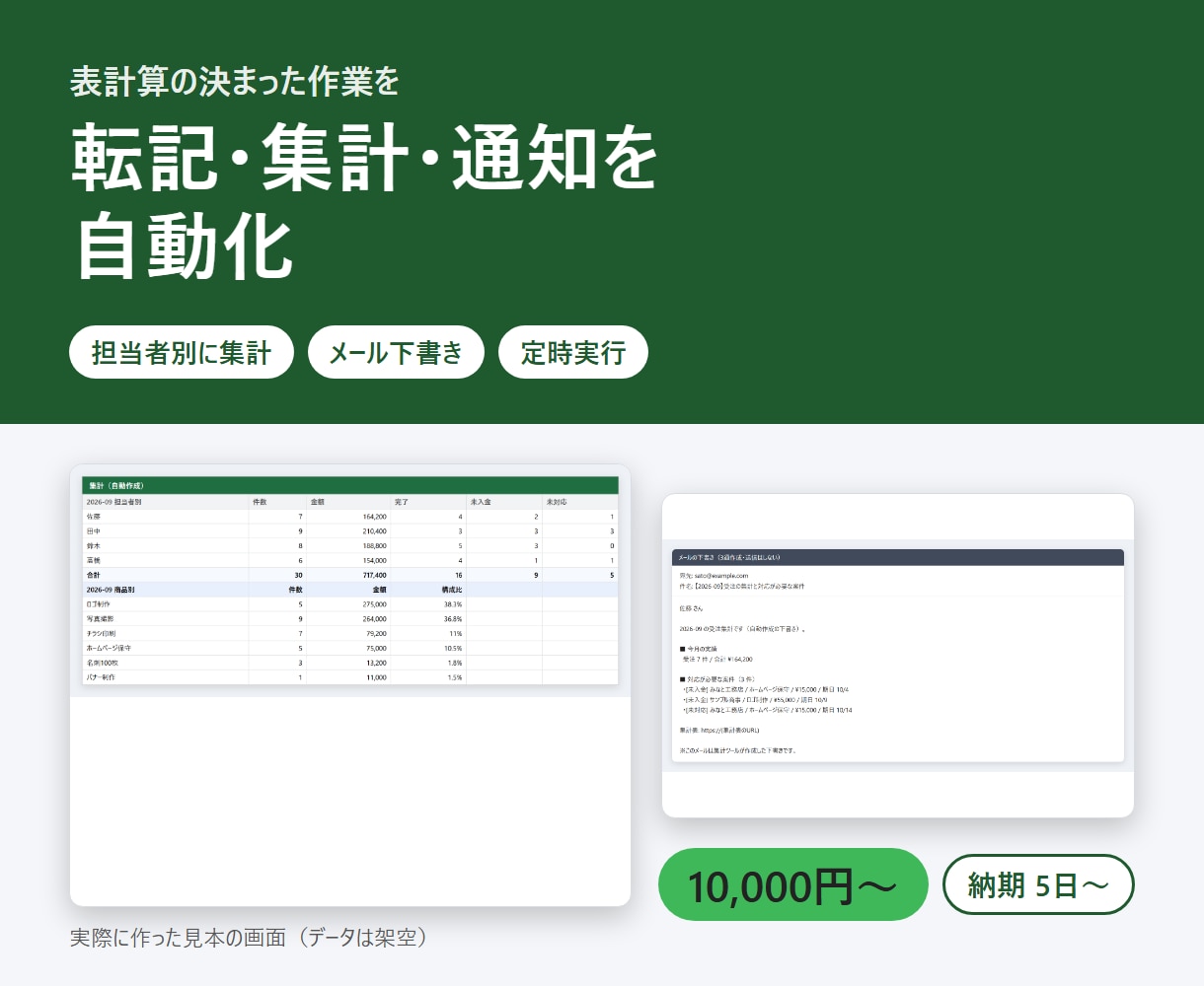 表計算の転記・集計・通知を自動化します フォーム回答の転記・月次集計・期限の通知を自動に イメージ1