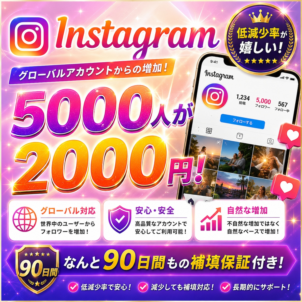 Instagramの外国人フォロワー増やします 5000人増加。低減少率！90日間補填保証付き！ イメージ1